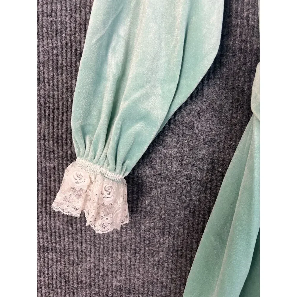 Vintage Maggie McQuade Mint Green Velvet Robe Long Lace Trim Dressing Gown Small